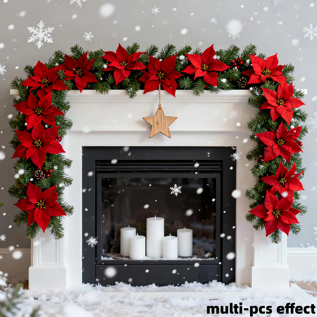 Artificial Poinsettia Vine Garland, 239.78cm Red for Indoor/outdoor Use, close-up view - House Of Avana