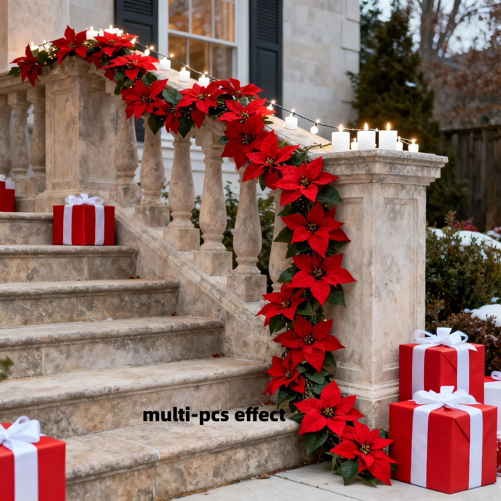 Artificial Poinsettia Vine Garland, 239.78cm Red for Indoor/outdoor Use, side view - House Of Avana
