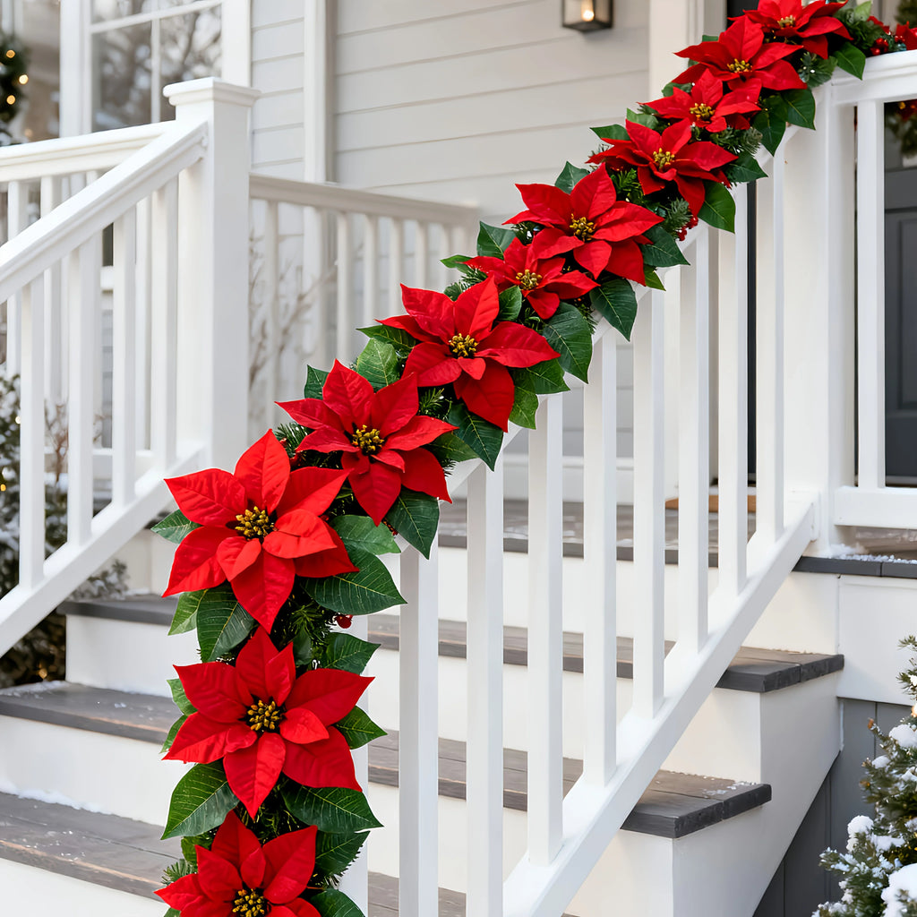 Artificial Poinsettia Vine Garland, 239.78cm Red for Indoor/outdoor Use, lifestyle image - House Of Avana
