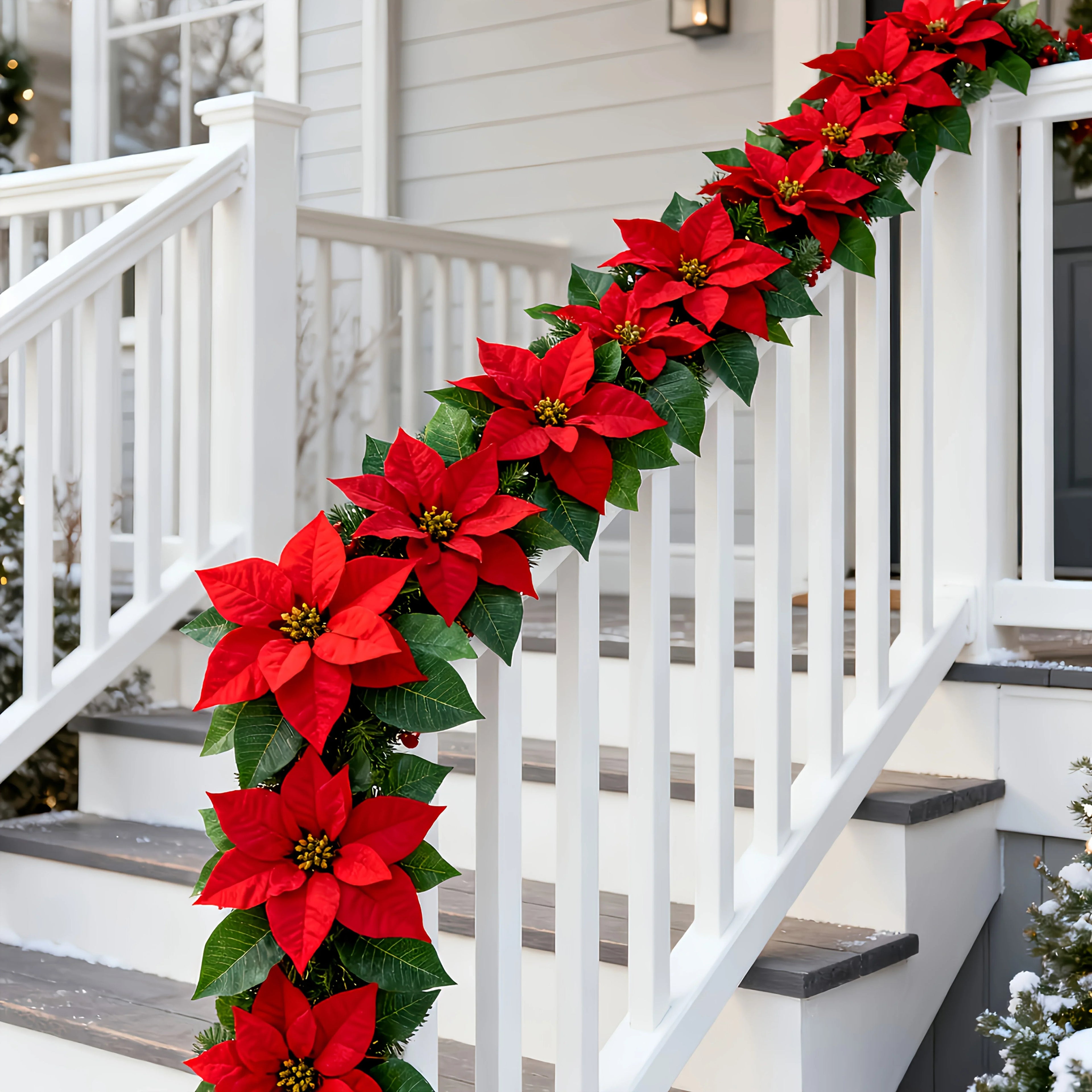Artificial Poinsettia Vine Garland, 239.78cm Red for Indoor/outdoor Use, lifestyle image - House Of Avana