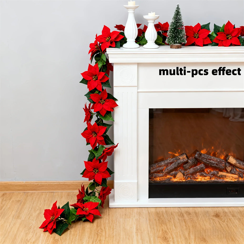Artificial Poinsettia Vine Garland, 239.78cm Red for Indoor/outdoor Use, angled view - House Of Avana