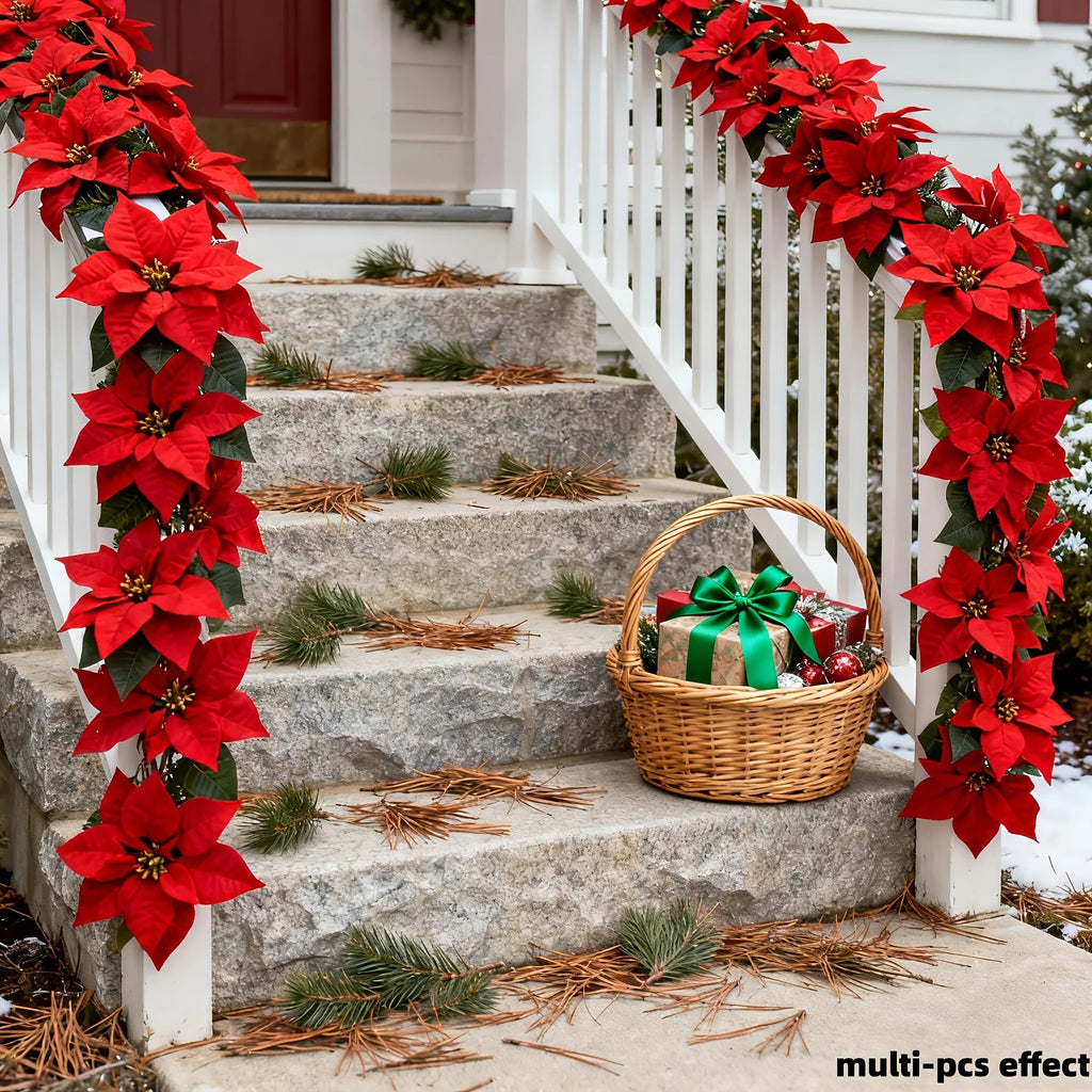 Artificial Poinsettia Vine Garland, 239.78cm Red for Indoor/outdoor Use, angled view - House Of Avana