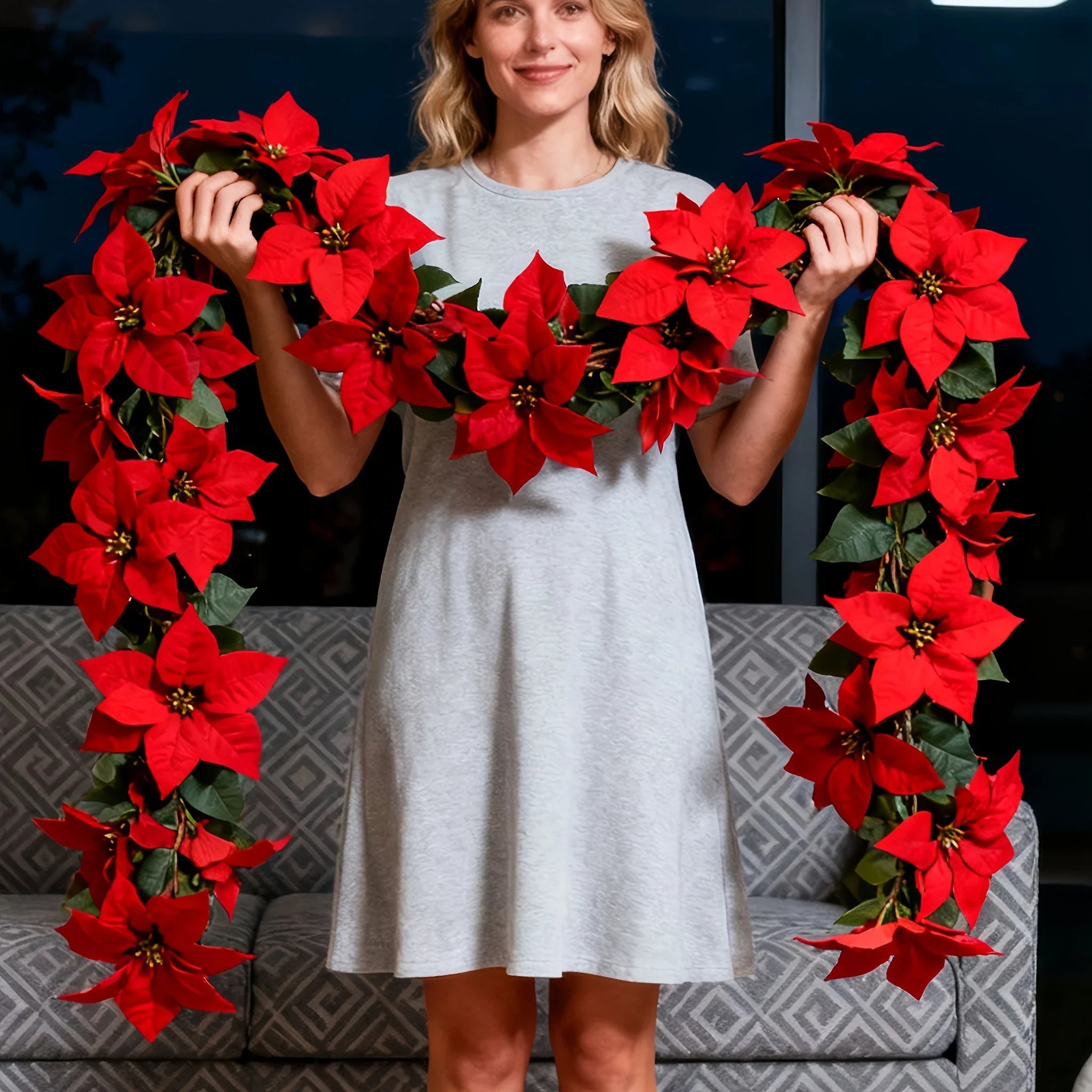Artificial Poinsettia Vine Garland, 239.78cm Red for Indoor/outdoor Use, front view - House Of Avana