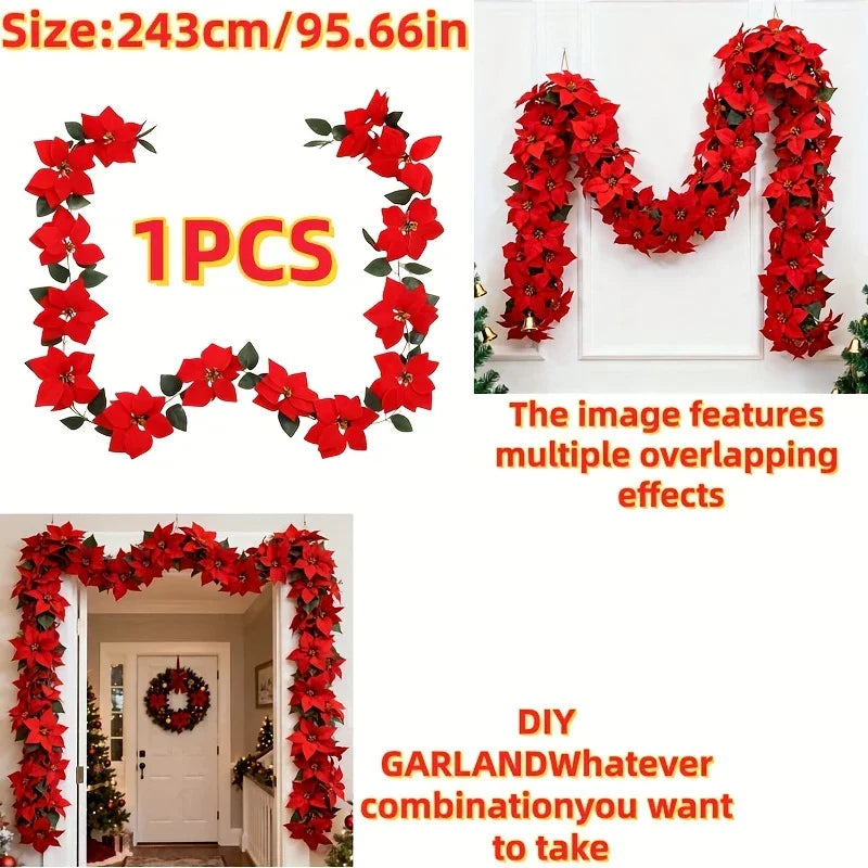 Artificial Poinsettia Wreath 242cm Red and Green Christmas Garland, close-up view - House Of Avana [[SKU:HOA-FLR-039]]