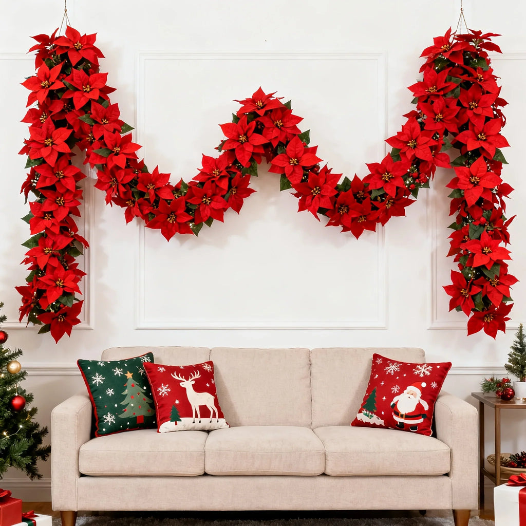 Artificial Poinsettia Wreath 242cm Red and Green Christmas Garland, back view - House Of Avana