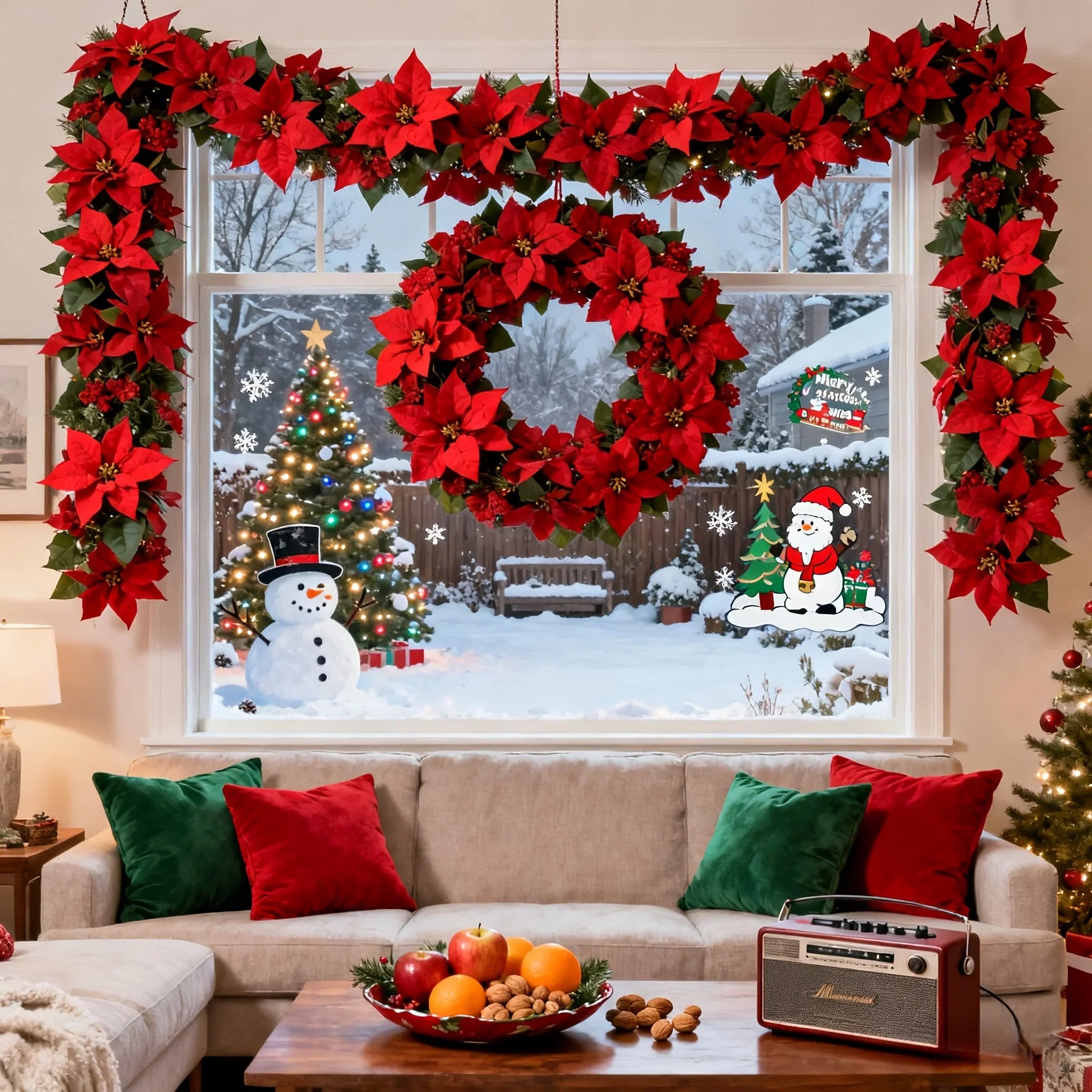 Artificial Poinsettia Wreath 242cm Red and Green Christmas Garland, side view - House Of Avana