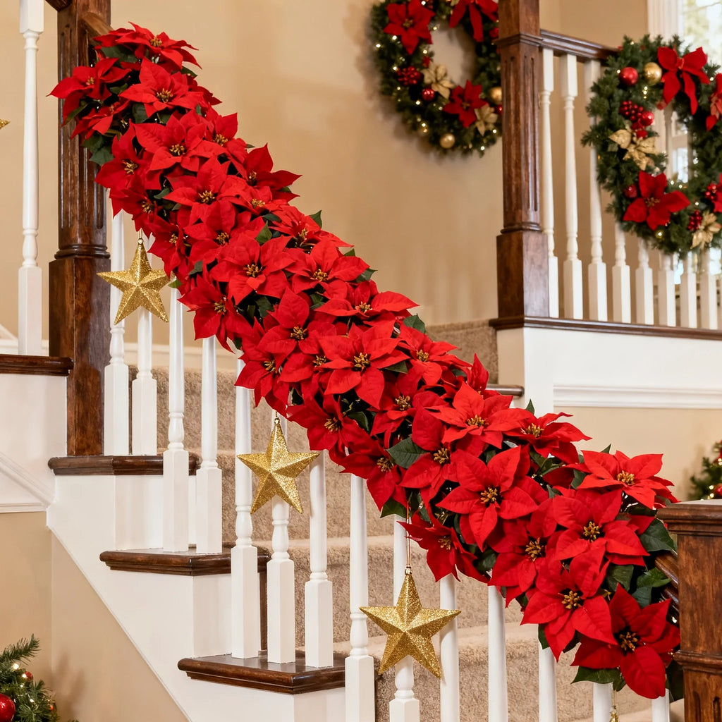Artificial Poinsettia Wreath 242cm Red and Green Christmas Garland, detail shot - House Of Avana