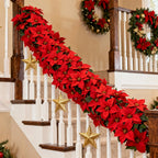 Artificial Poinsettia Wreath 242cm Red and Green Christmas Garland, detail shot - House Of Avana