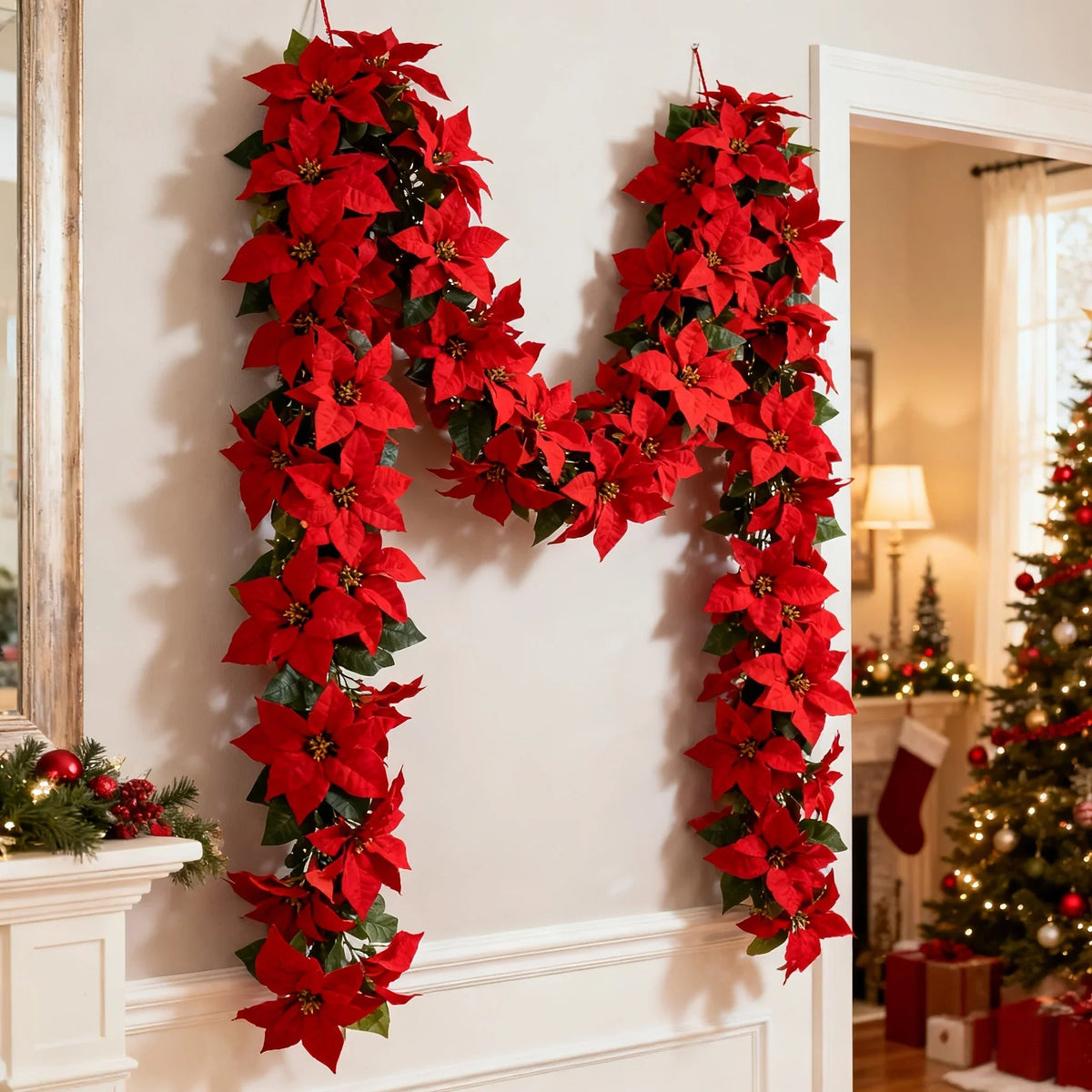 Artificial Poinsettia Wreath 242cm Red and Green Christmas Garland, lifestyle image - House Of Avana [[SKU:HOA-FLR-039]]