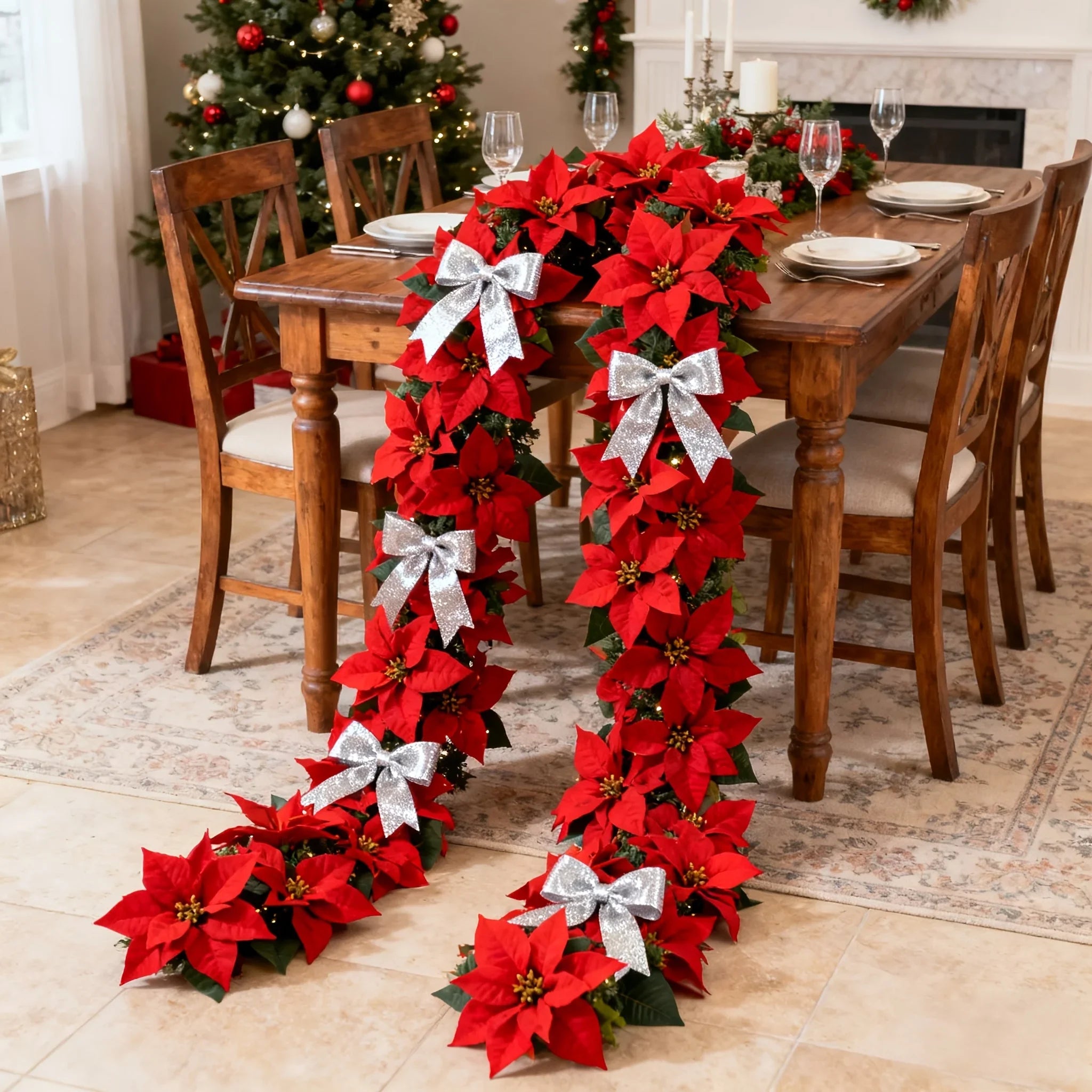 Artificial Poinsettia Wreath 242cm Red and Green Christmas Garland, top view - House Of Avana
