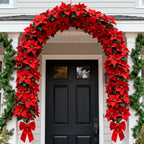 Artificial Poinsettia Wreath 242cm Red and Green Christmas Garland, angled view - House Of Avana