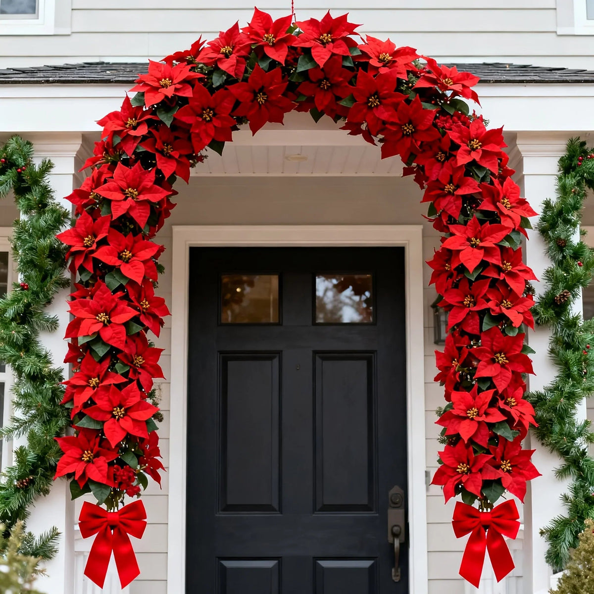 Artificial Poinsettia Wreath 242cm Red and Green Christmas Garland, angled view - House Of Avana [[SKU:HOA-FLR-039]]