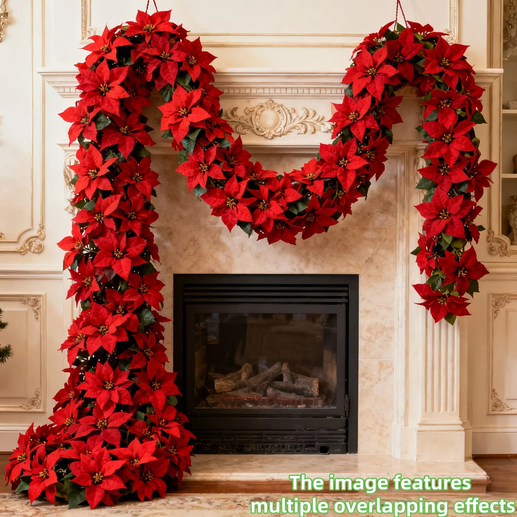 Artificial Poinsettia Wreath 242cm Red and Green Christmas Garland, front view - House Of Avana
