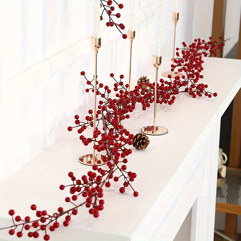 Artificial Red Berry Christmas Ivy Vine, 200cm Long with Red Berries, texture detail - House Of Avana