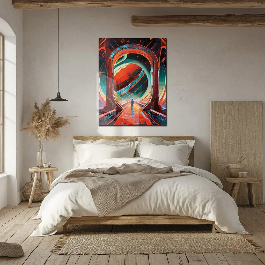 Astronaut Gateway to Saturn Glass Wall Art – Futuristic Sci-fi Uv Print Design-kafcd023, lifestyle image - House Of Avana