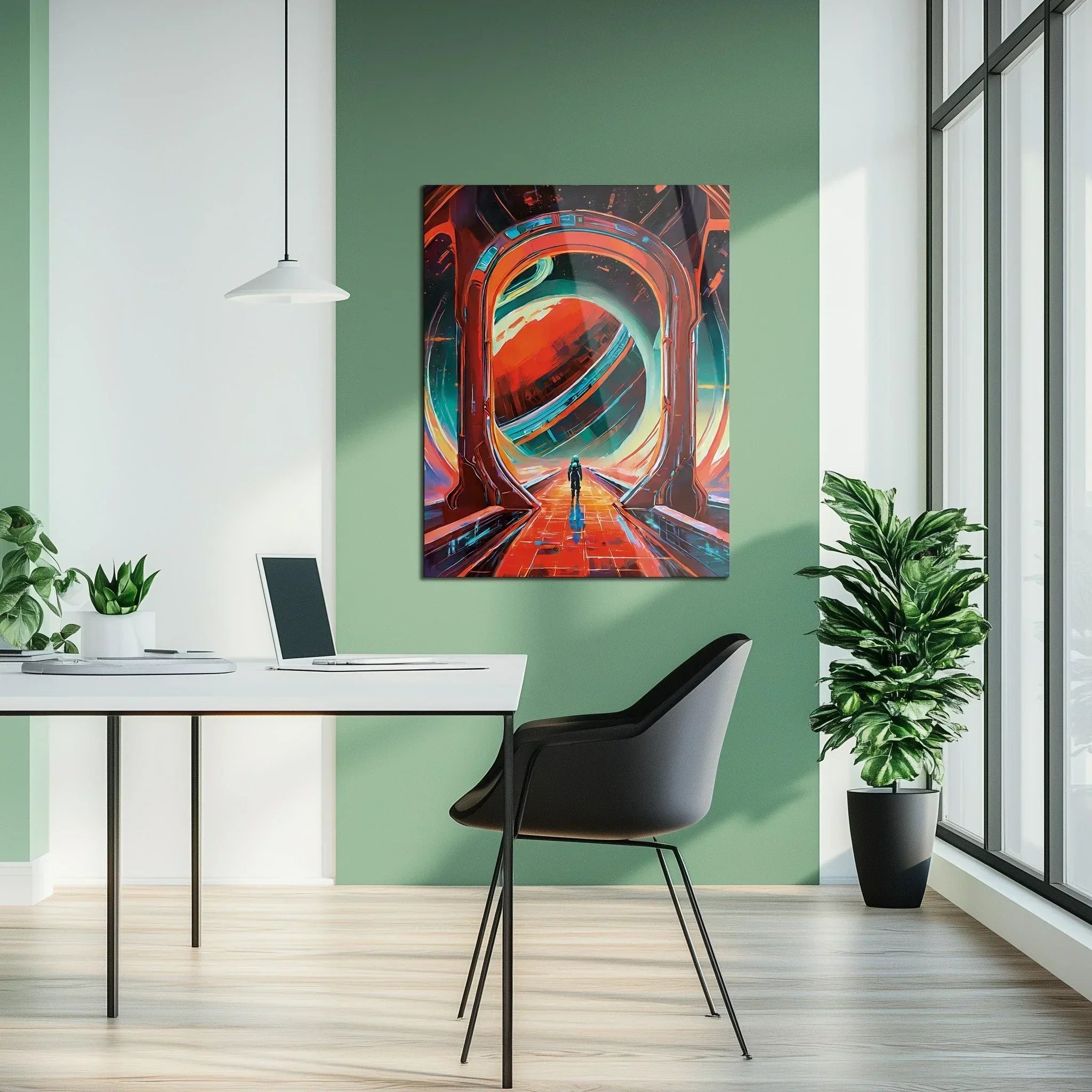 Astronaut Gateway to Saturn Glass Wall Art – Futuristic Sci-fi Uv Print Design-kafcd023, front view - House Of Avana