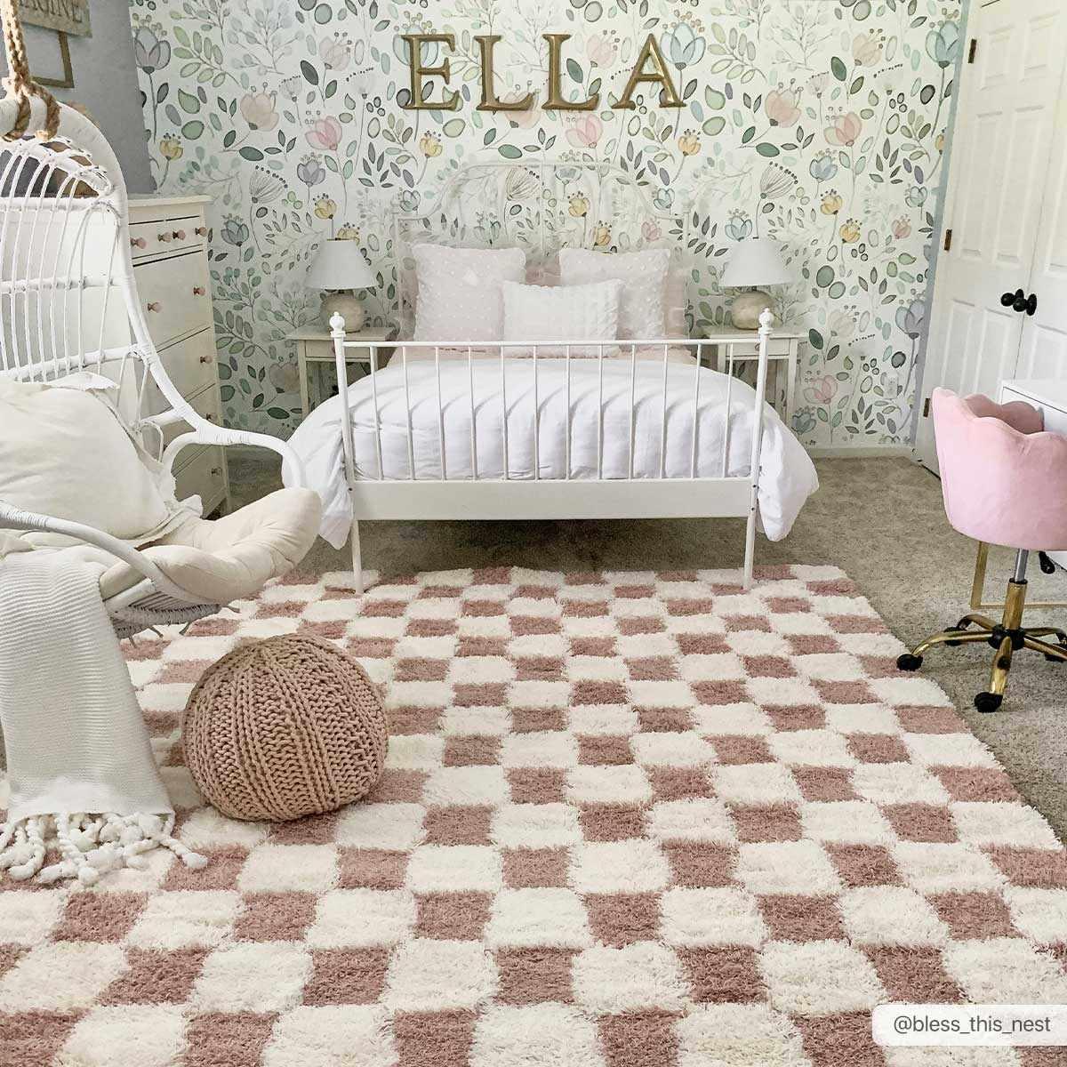 Atira Pink Checkered Area Rug Hauteloom