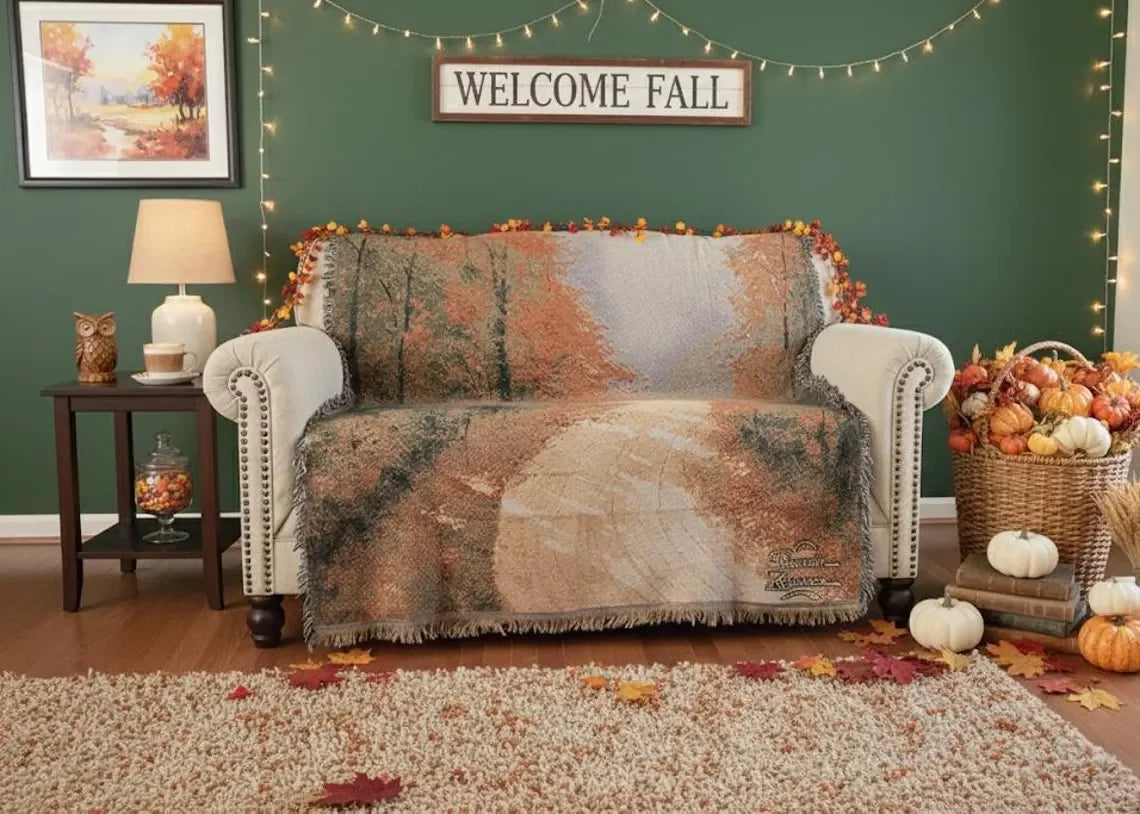 Autumn Authentic Tapestry Throw Blanket - Decorative Orange Fall Leaves Forest Woven Stitched Design -... - House Of Avana