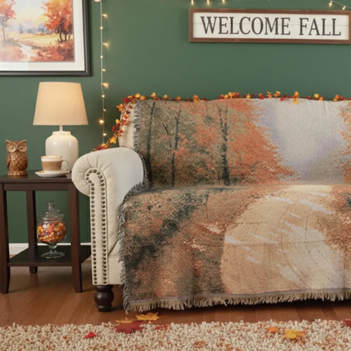 Autumn Authentic Tapestry Throw Blanket - Decorative Orange Fall Leaves Forest Woven Stitched Design -... - House Of Avana