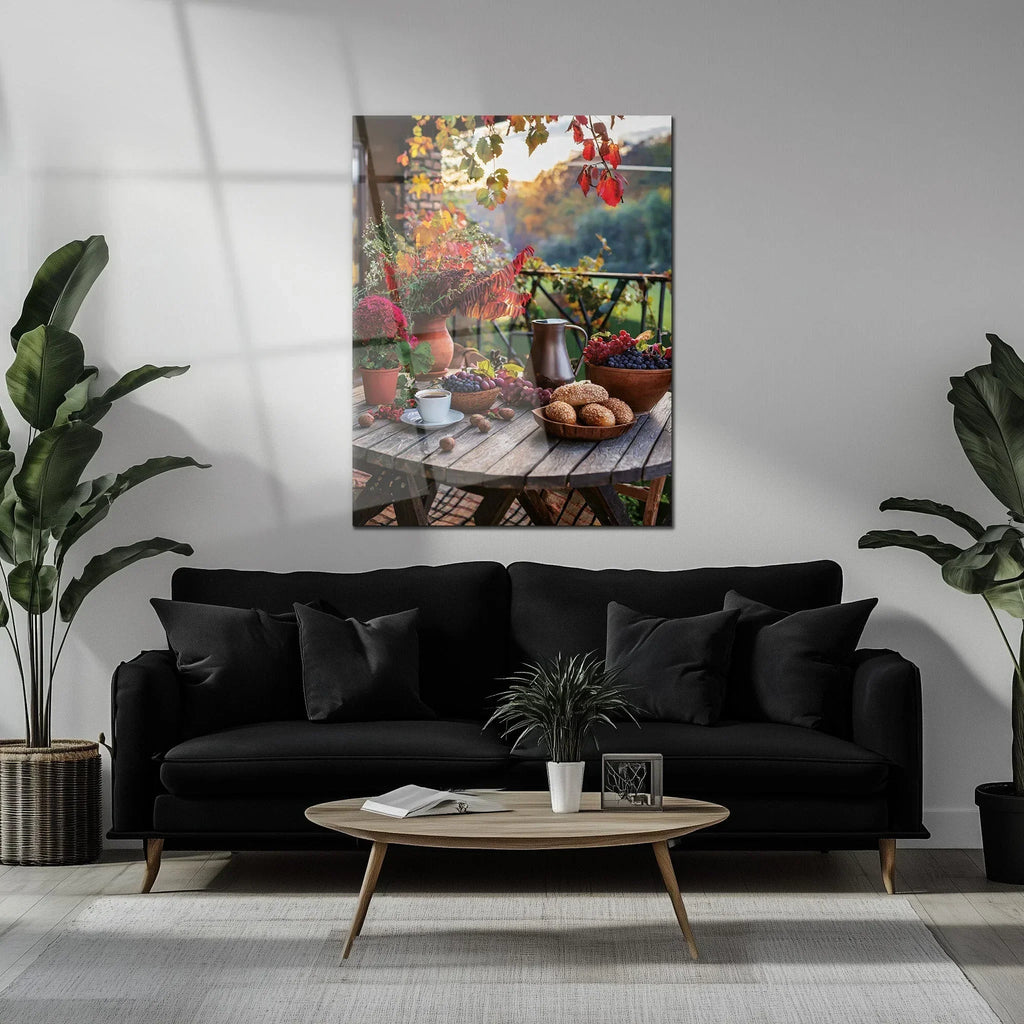 Autumn Breakfast Table Glass Wall Art – Rustic Harvest Outdoor Uv Print-kafcd045, lifestyle image - House Of Avana