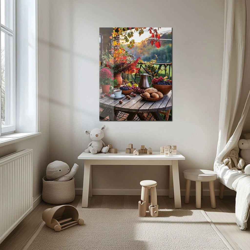 Autumn Breakfast Table Glass Wall Art – Rustic Harvest Outdoor Uv Print-kafcd045, top view - House Of Avana