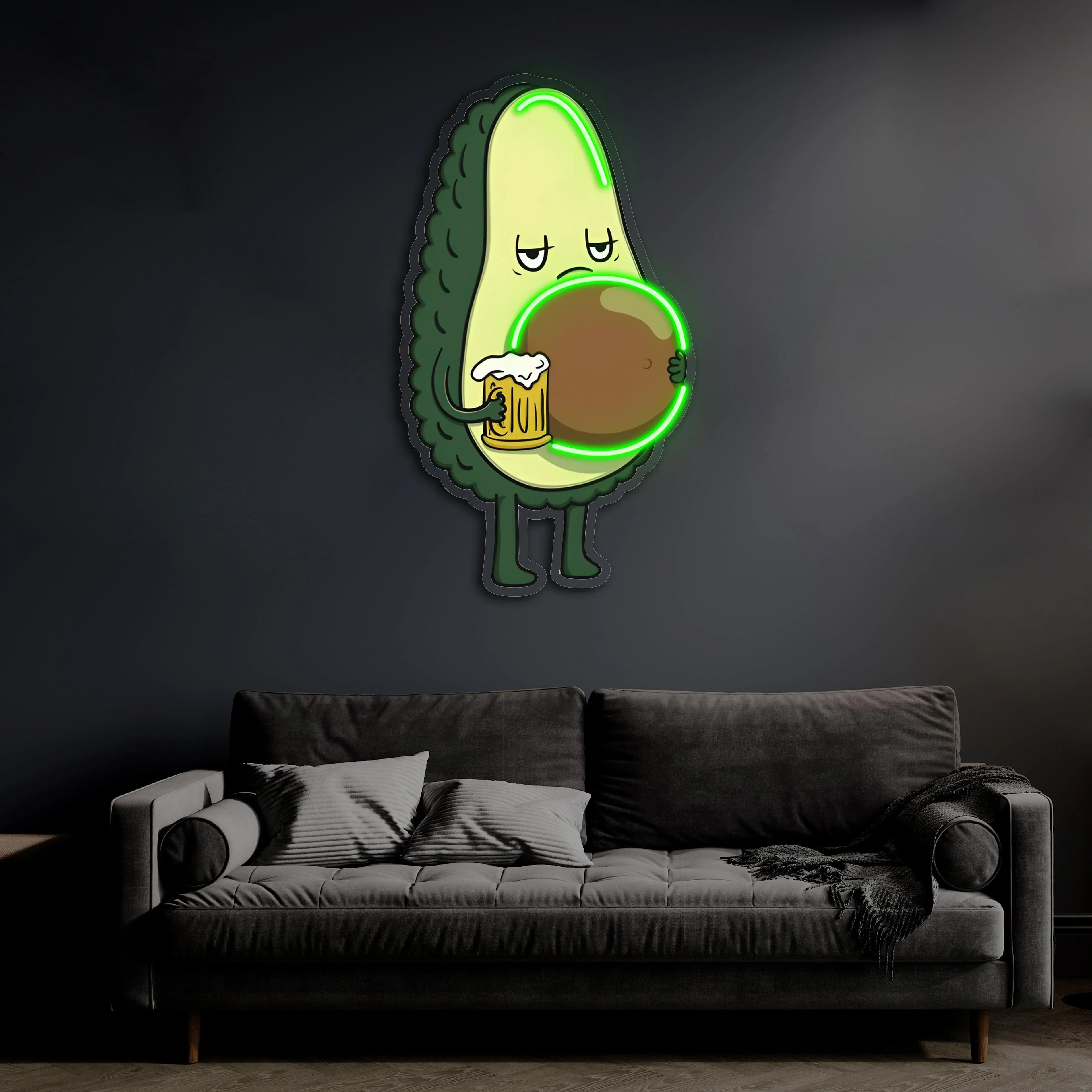 Avocado Beer Uv Printed Neon, Beer Neon Wall Art, Avocado Neon Light Sign, front view - House Of Avana