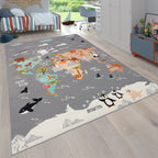Play Mat Lilo Educational Kids Rug with World Map & Animals in Grey RugYourHome