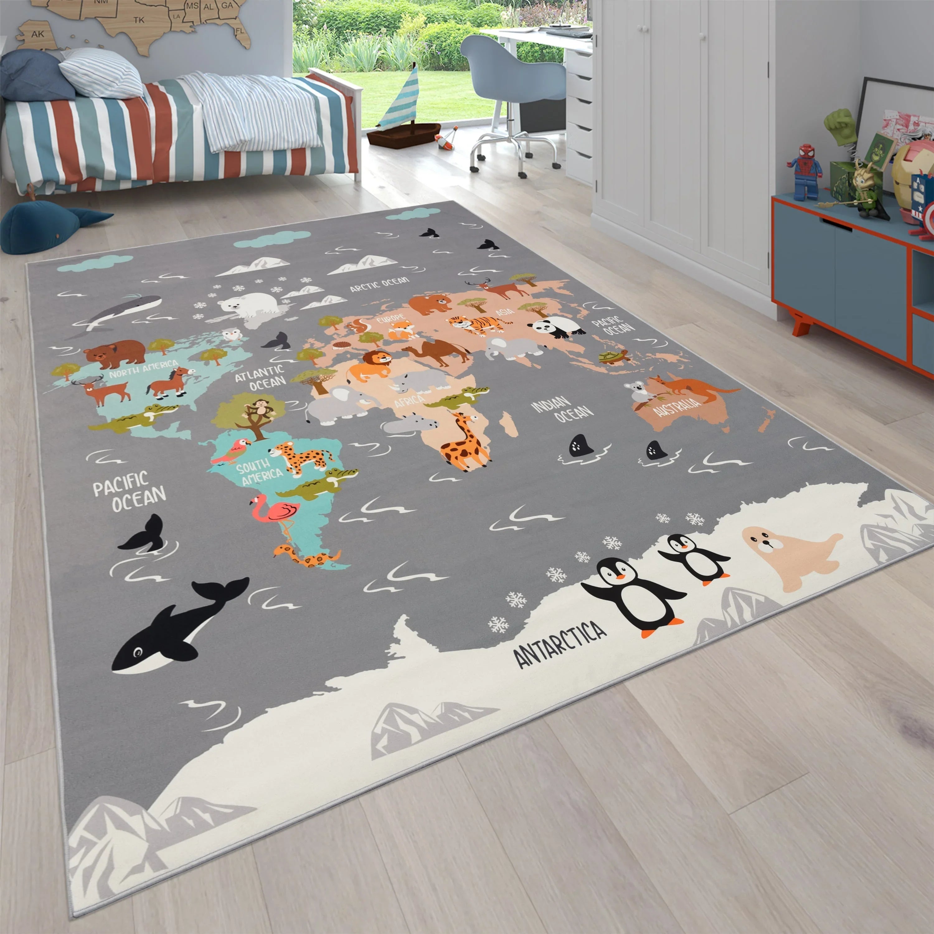 Play Mat Lilo Educational Kids Rug with World Map & Animals in Grey RugYourHome