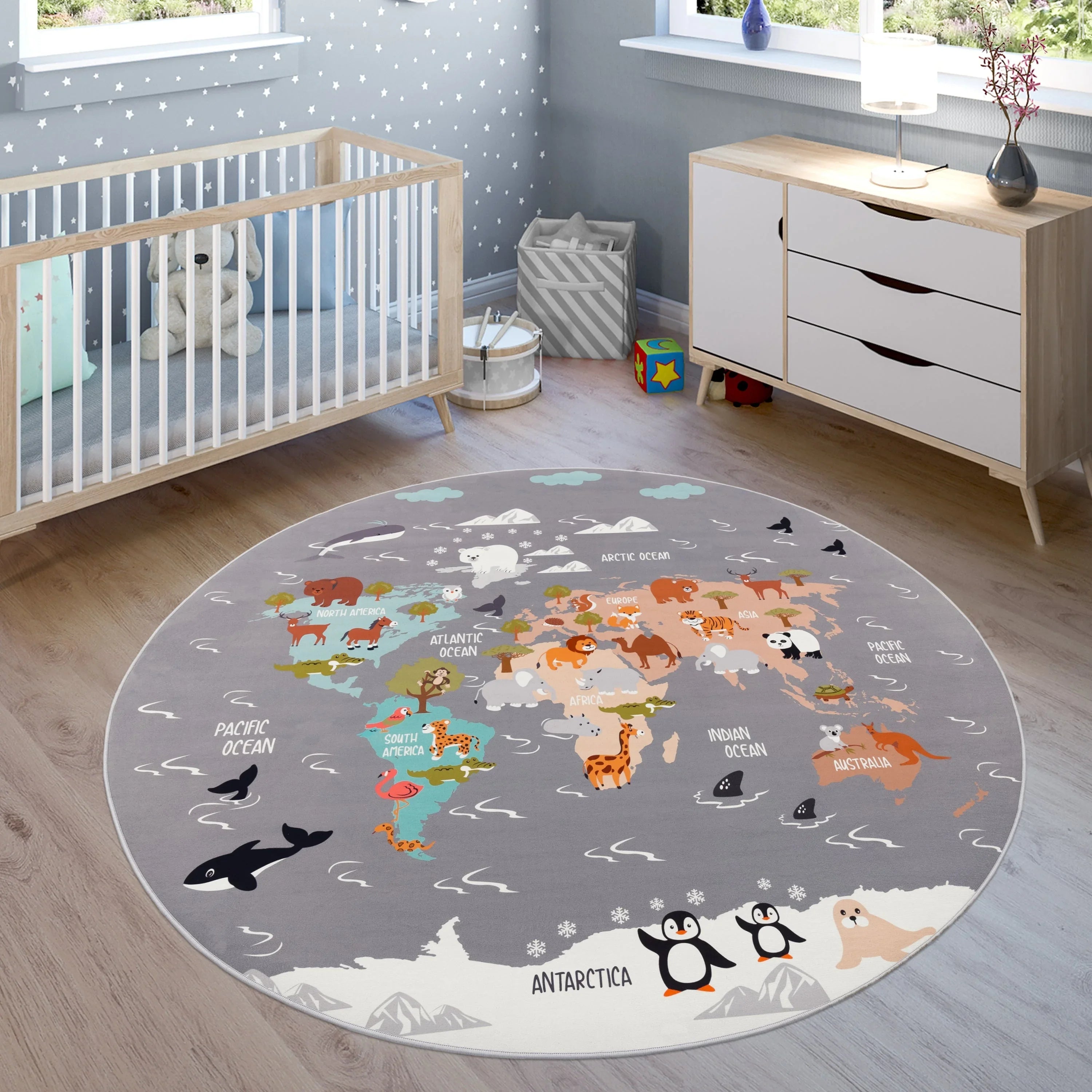 Play Mat Lilo Educational Kids Rug with World Map & Animals in Grey RugYourHome