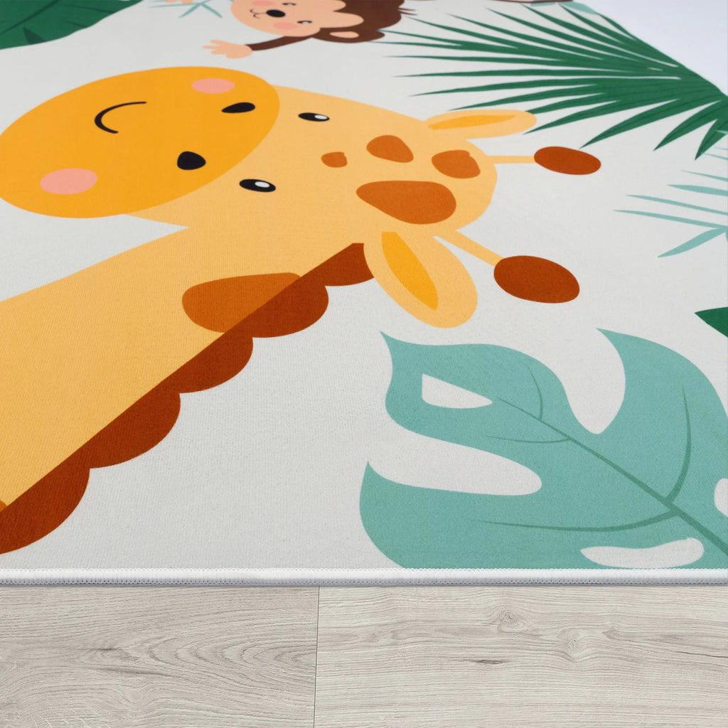 Kids Rug Lilo Jungle Animal Play Mat with Lion Giraffe Monkey in Beige RugYourHome