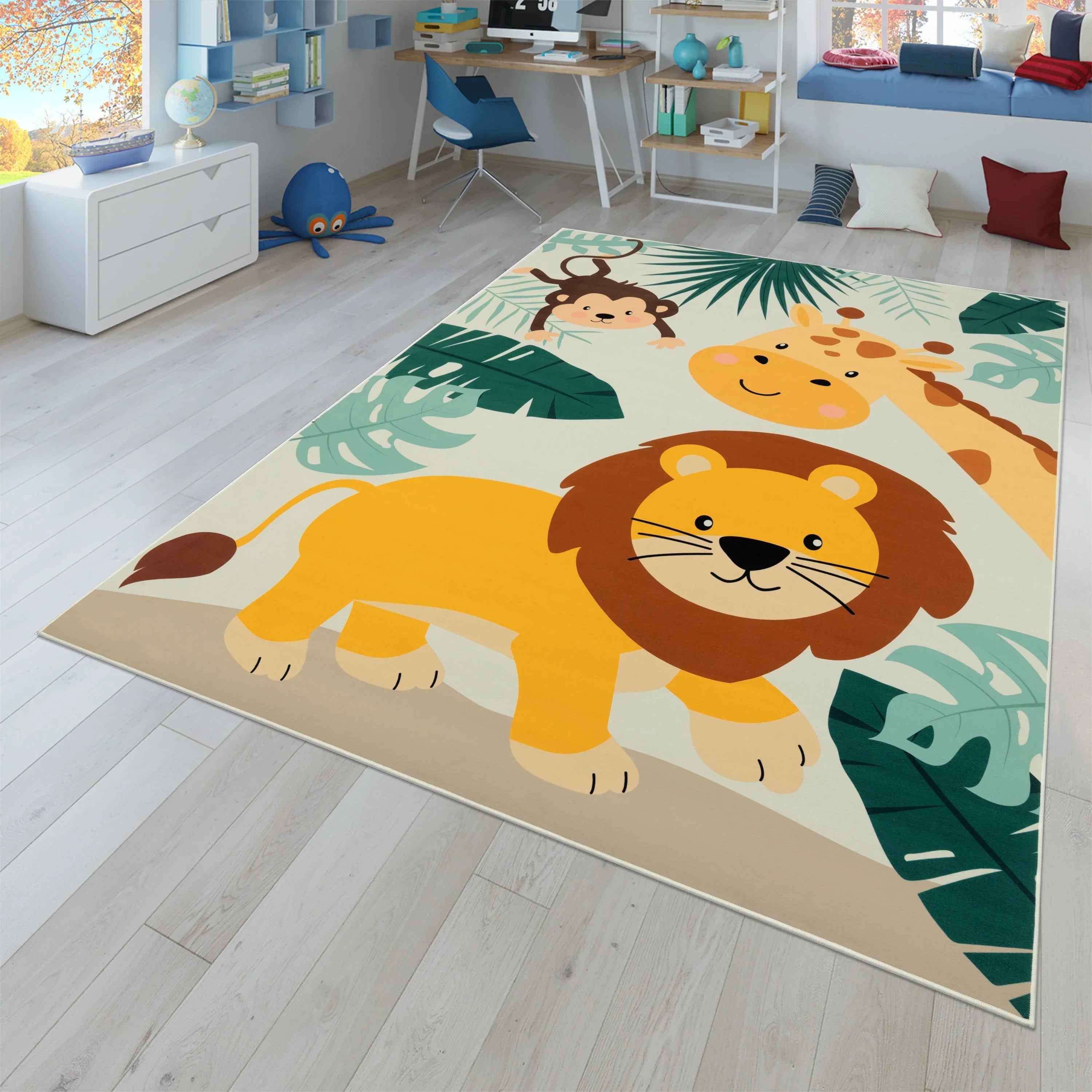 Kids Rug Lilo Jungle Animal Play Mat with Lion Giraffe Monkey in Beige RugYourHome
