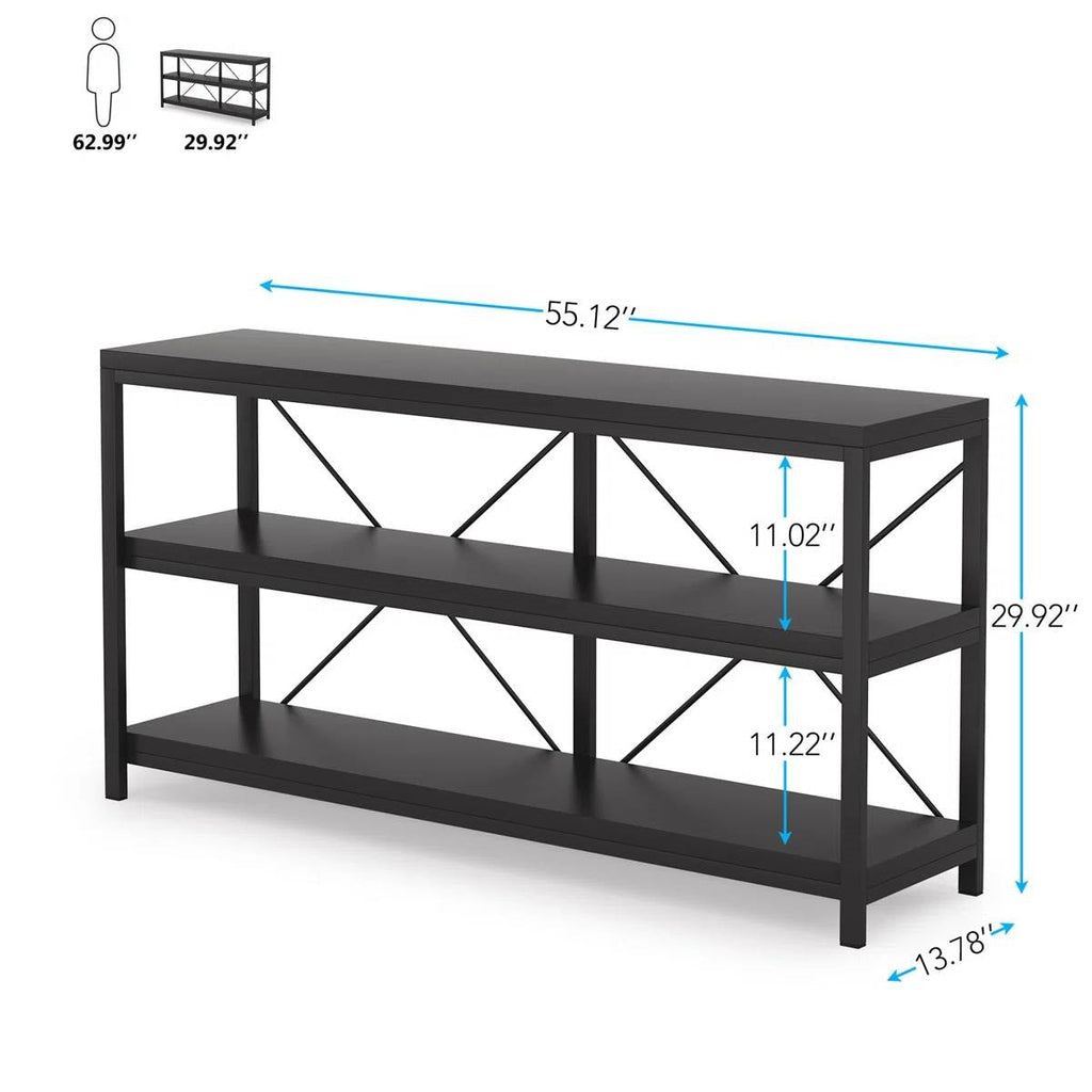 Industrial 55-inch Black Wood Shelf Sofa Table with Heavy Duty Metal Frame