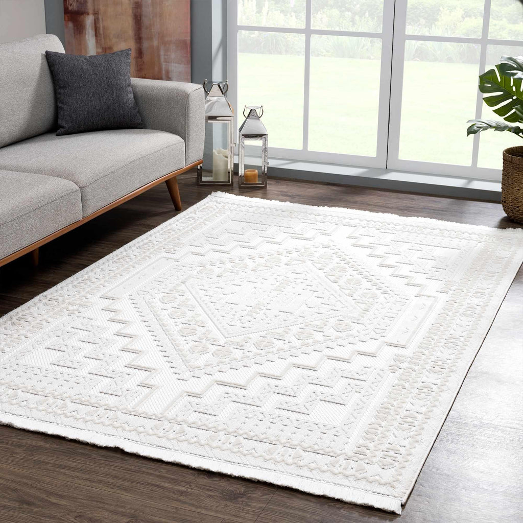Alya White Fringe Rug Hauteloom