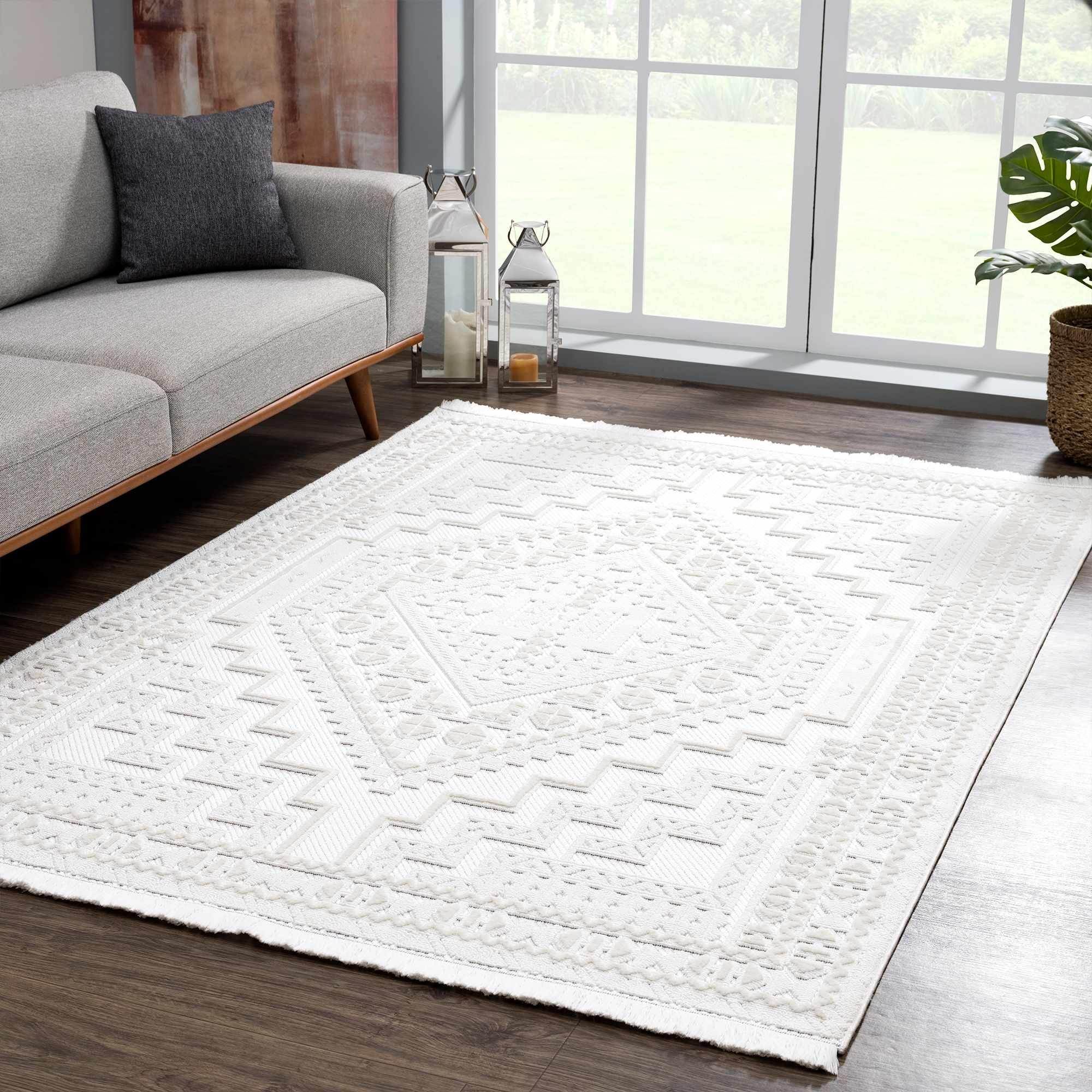 Alya White Fringe Rug Hauteloom