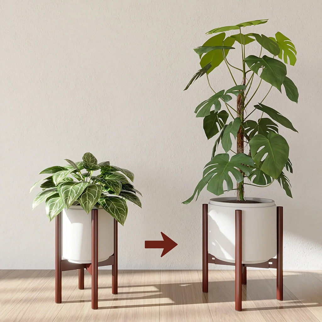Bamboo Adjustable Plant Stand, 8-12 Inches, Reddish Brown Indoor Planter, angled view - House Of Avana [[SKU:HOA-PLN-004]]