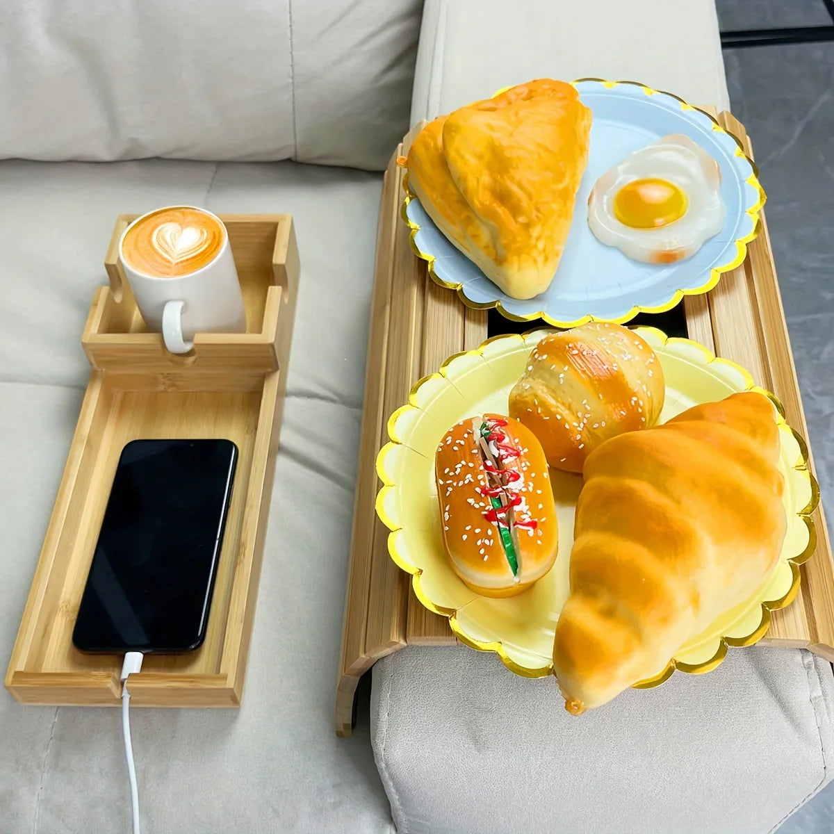 Bamboo Sofa Armrest Tray, Multifunctional Sofa Armrest Breakfast Tray, Snack Tray, Home Kitchen... - House Of Avana