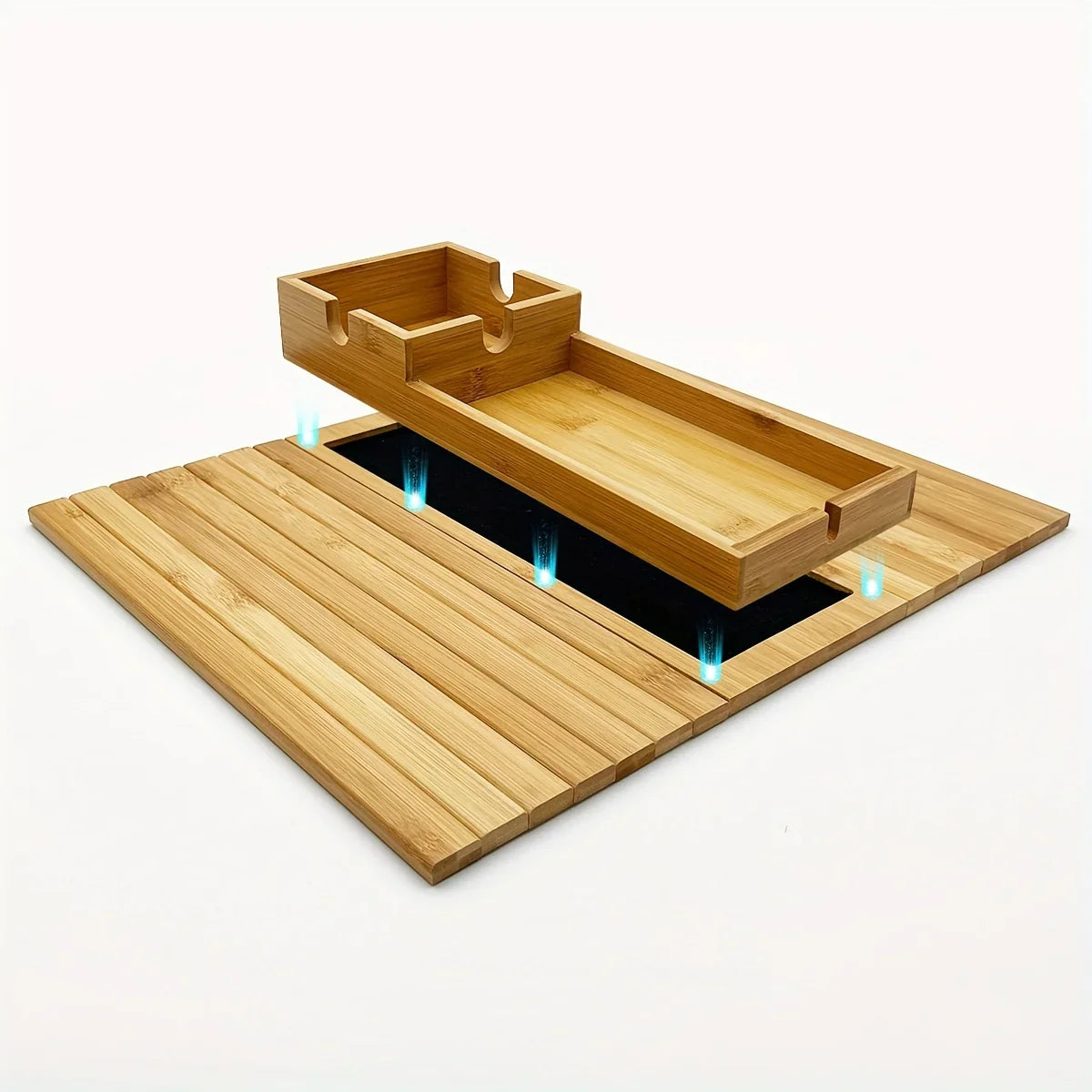 Natural bamboo sofa armrest tray table with removable organizer and phone holder