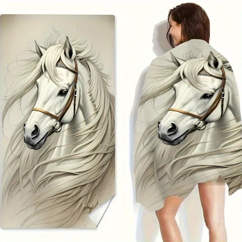 Beach Towel - Quick-dry Microfiber Horse Print, top view - House Of Avana