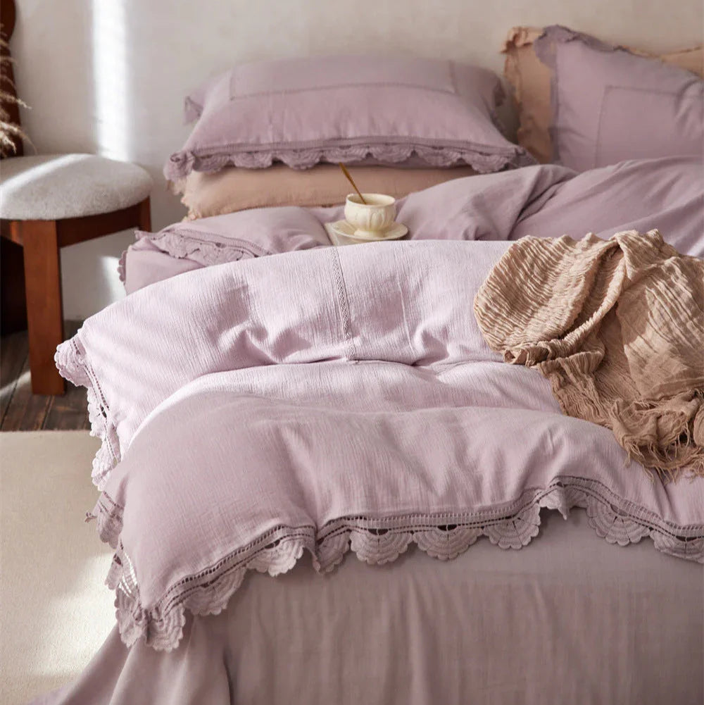 Isadora Lace Ruffle Double Gauze Bedding Set / Green Ever Lasting