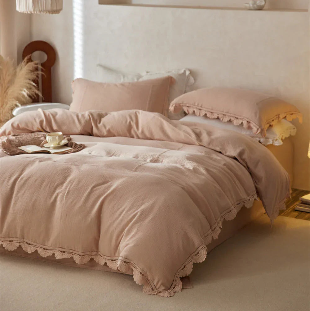 Isadora Lace Ruffle Double Gauze Bedding Set / Green Ever Lasting