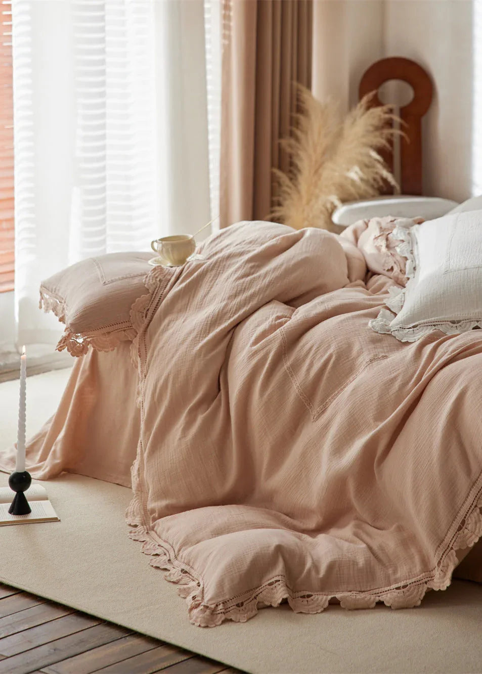 Isadora Lace Ruffle Double Gauze Bedding Set / Green Ever Lasting