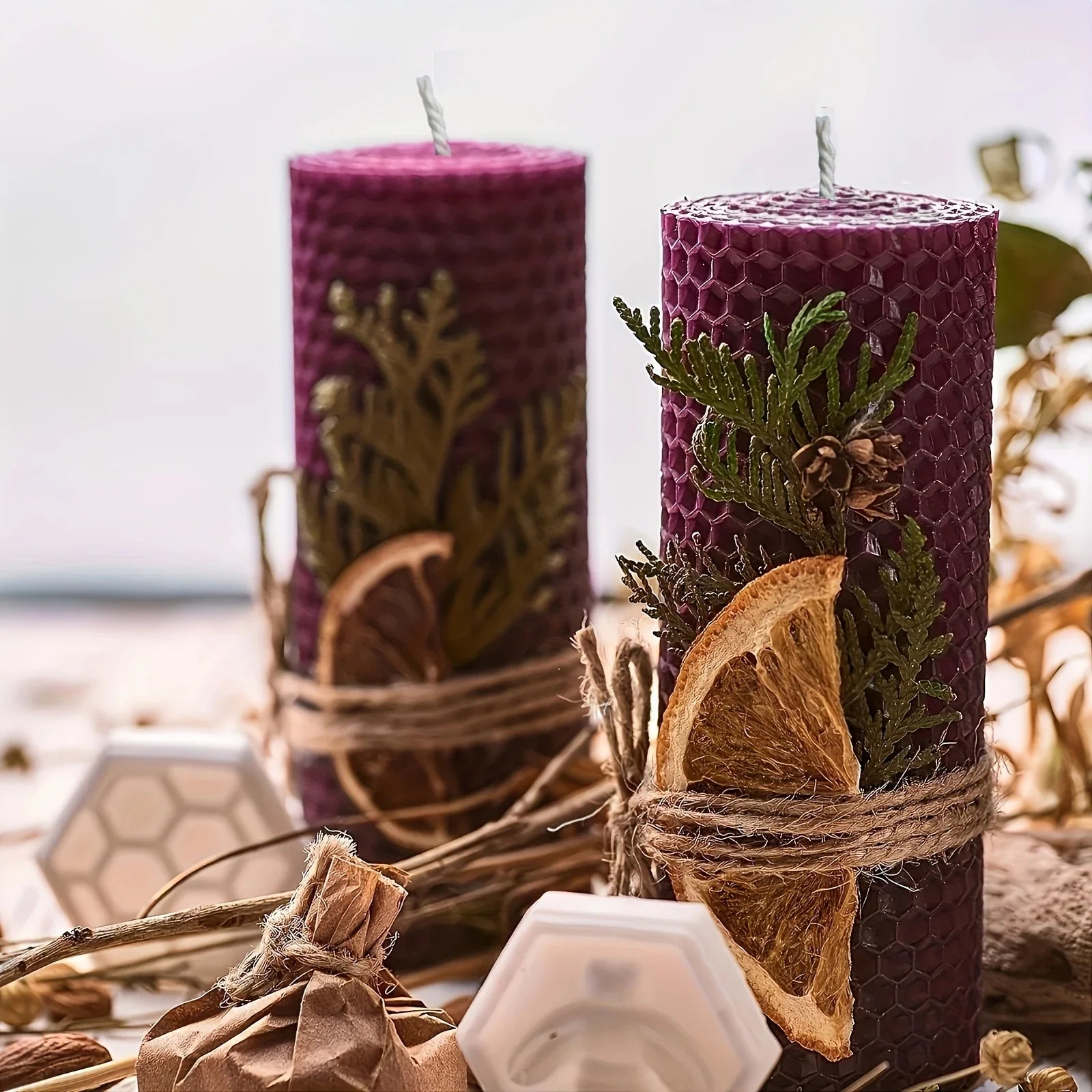 Beeswax Candles with Dried Flowers, Multicolor Piece Oval Set, side view - House Of Avana