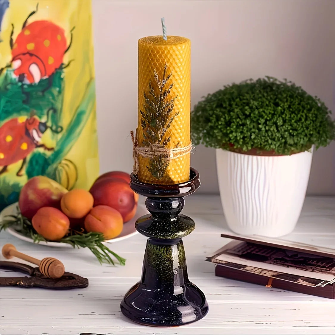 Beeswax Candles with Dried Flowers, Multicolor Piece Oval Set, top view - House Of Avana