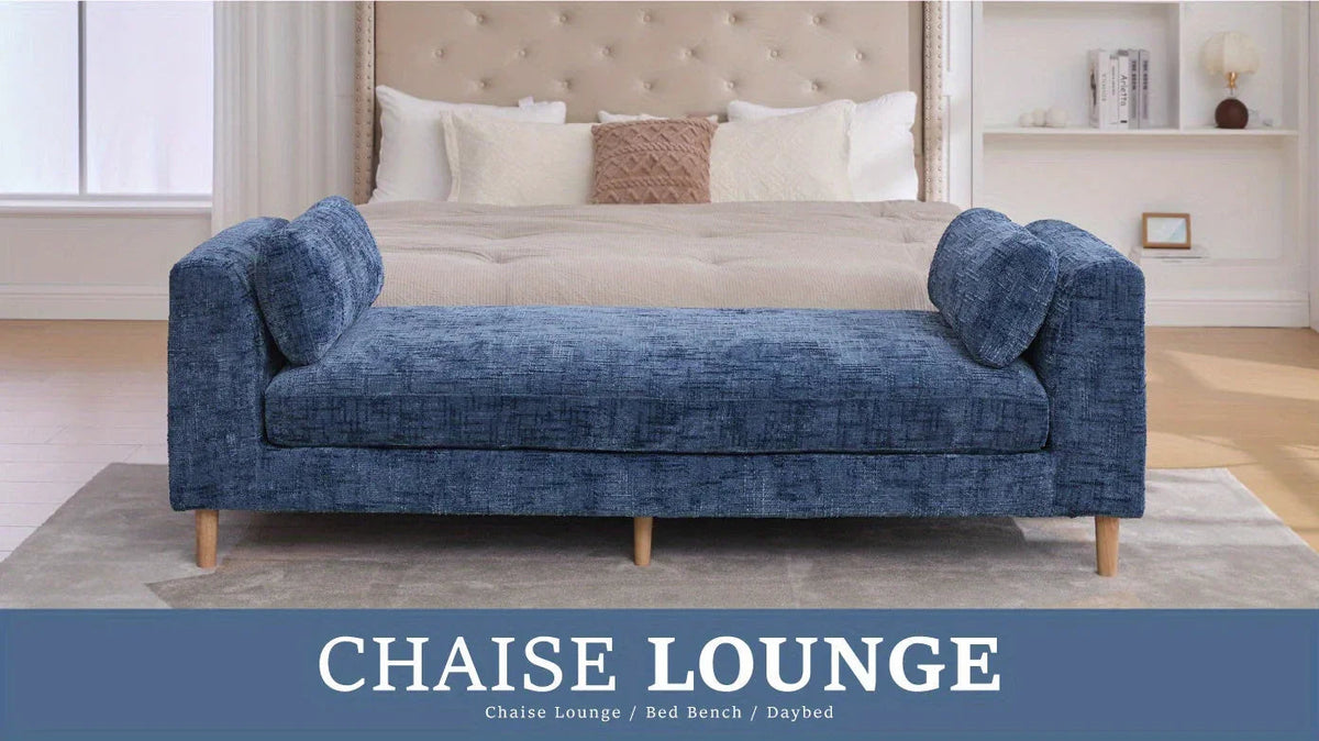 Elegant Blue 7' Chenille Bed Bench with Pillows - House Of Avana [[SKU:HOA-BEN-002]]