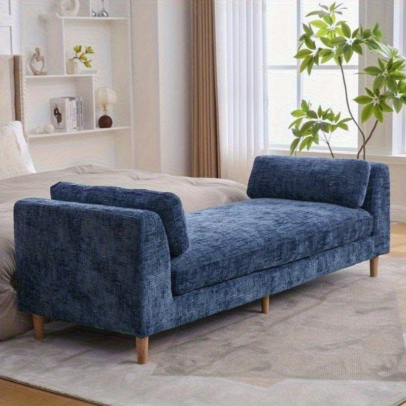 Elegant Blue 7' Chenille Bed Bench with Pillows - House Of Avana