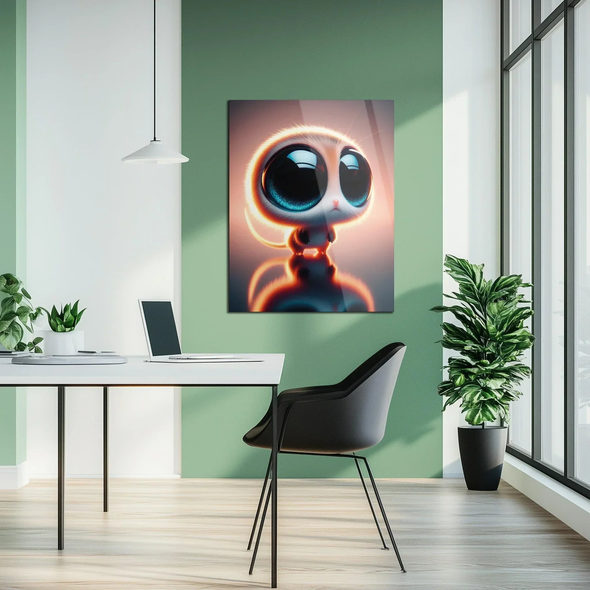 Big-eyed Fantasy Kitten Uv Glass Wall Art – Cute Neon Pet Illustration - Kafcd094, front view - House Of Avana