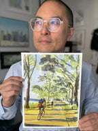 Biking in the Light, Hudson River, Bikers, Watercolor Painting, lifestyle image - House Of Avana