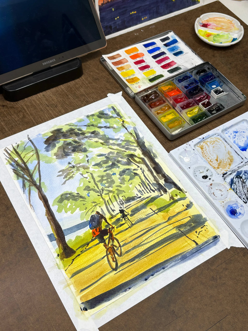 Biking in the Light, Hudson River, Bikers, Watercolor Painting, top view - House Of Avana