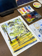 Biking in the Light, Hudson River, Bikers, Watercolor Painting, top view - House Of Avana