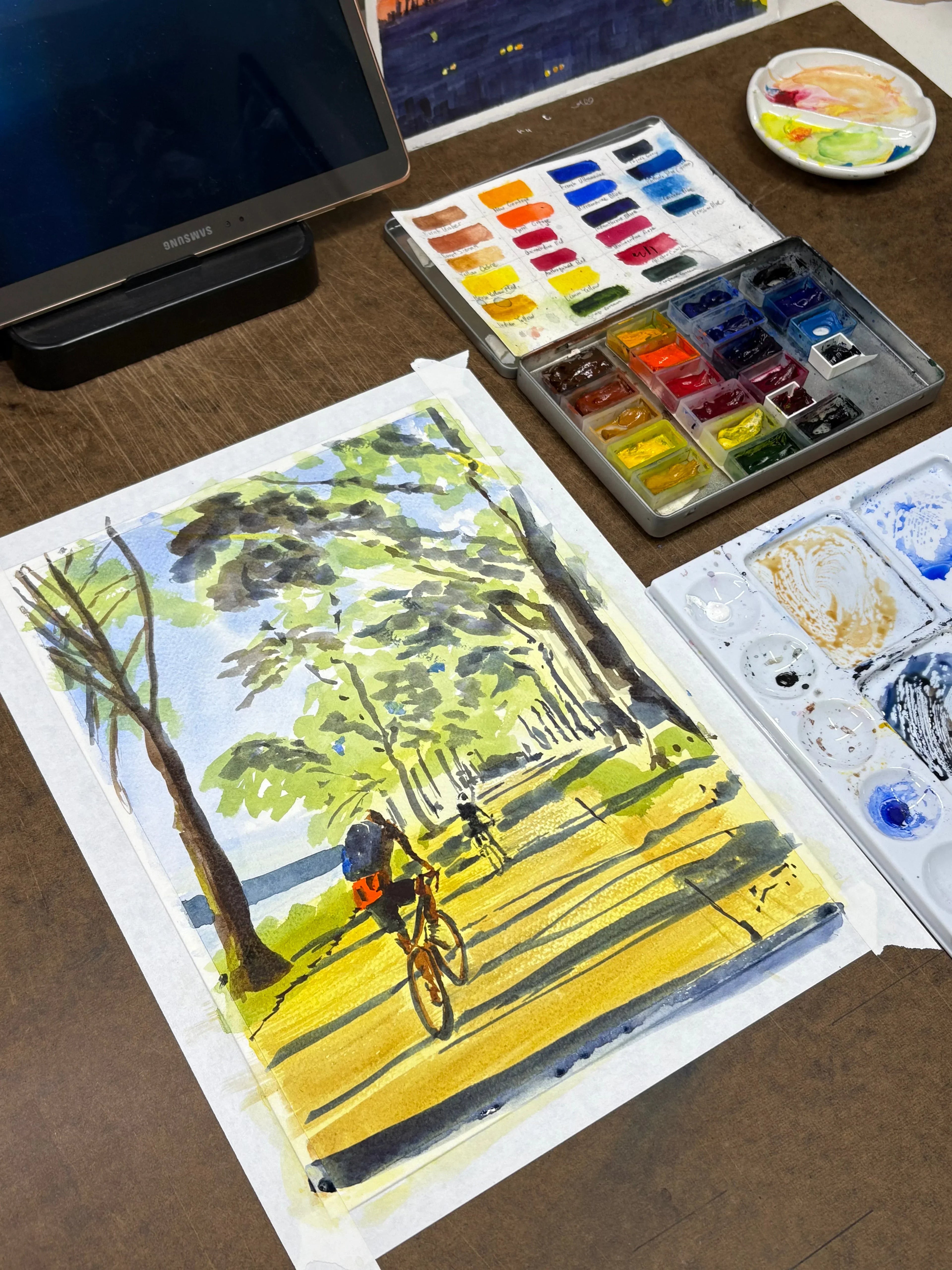 Biking in the Light, Hudson River, Bikers, Watercolor Painting, top view - House Of Avana
